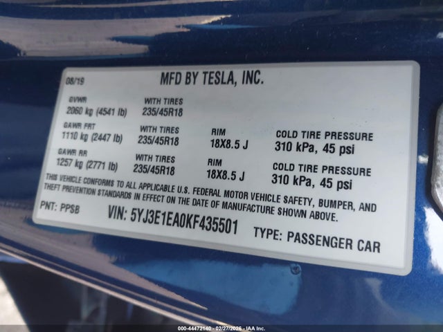 Aukcja sprzedaży 2019 Tesla Model 3 Long Range/mid Range/standard Range/standard Range Plus, vin: 5YJ3E1EA0KF435501, numer aukcji: 44472140