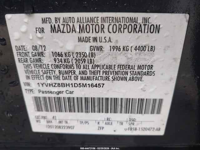 2013 Mazda Mazda6 I Sport მანქანა იყიდება აუქციონზე, vin: 1YVHZ8BH1D5M16457, აუქციონის ნომერი: 44472156