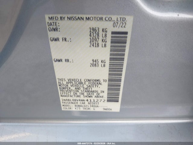 1N4BL4BV4NN411272 Nissan Altima S Fwd