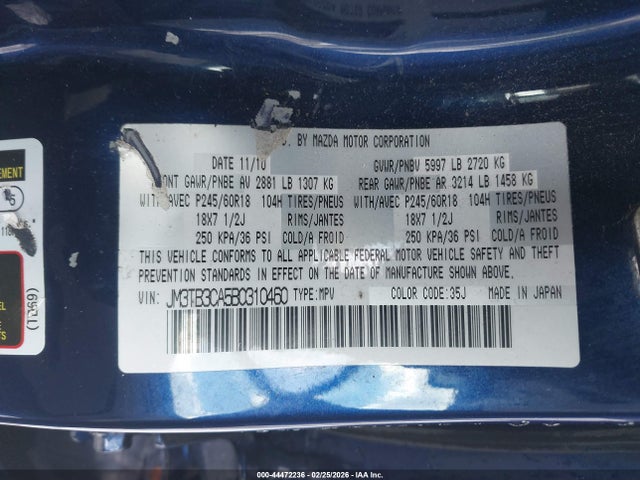 44472236 :رقم المزاد ، JM3TB3CA5B0310460 vin ، 2011 Mazda Cx-9 Touring مزاد بيع