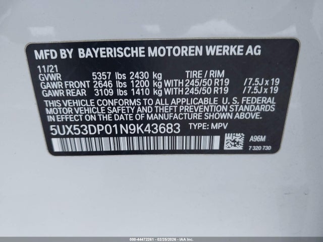 Aukcja sprzedaży 2022 Bmw X3 Xdrive30i, vin: 5UX53DP01N9K43683, numer aukcji: 44472261