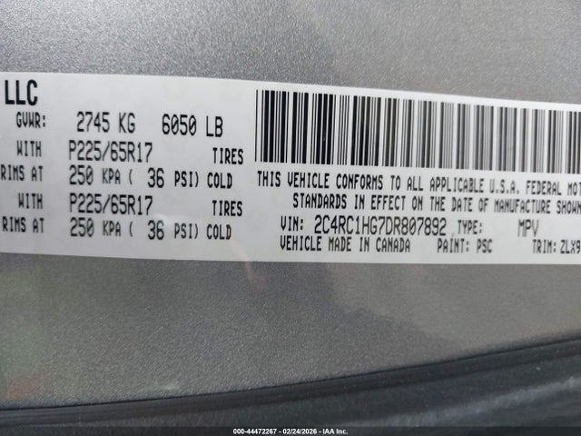 44472267 :رقم المزاد ، 2C4RC1HG7DR807892 vin ، 2013 Chrysler Town & Country S مزاد بيع