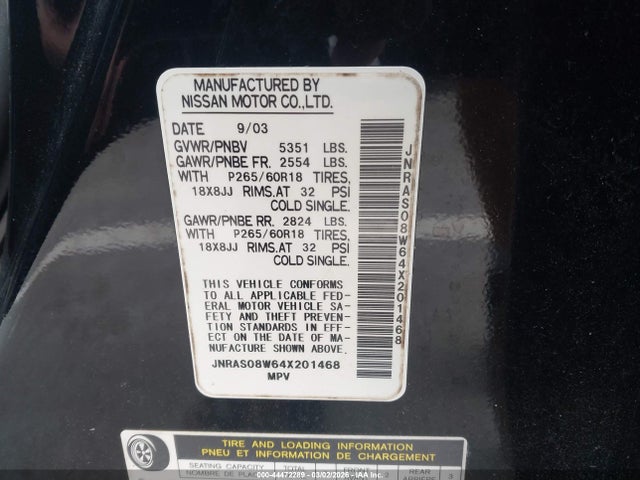 2004 Infiniti Fx35 მანქანა იყიდება აუქციონზე, vin: JNRAS08W64X201468, აუქციონის ნომერი: 44472289