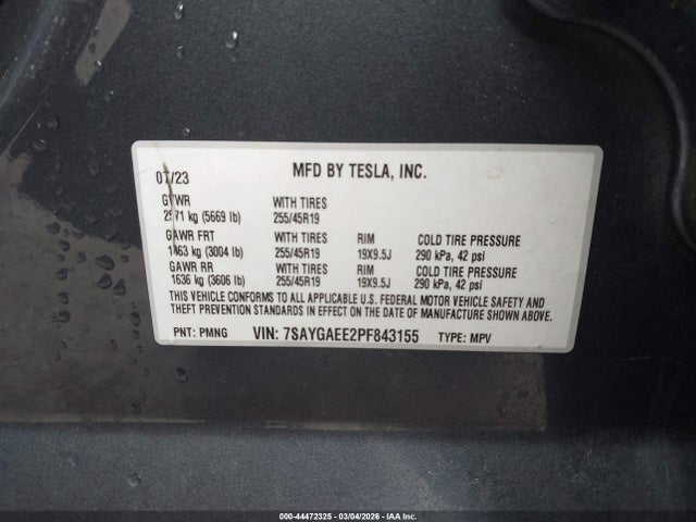 Продаж на аукціоні авто 2023 Tesla Model Y Awd/long Range Dual Motor All-wheel Drive, vin: 7SAYGAEE2PF843155, номер лоту: 44472325