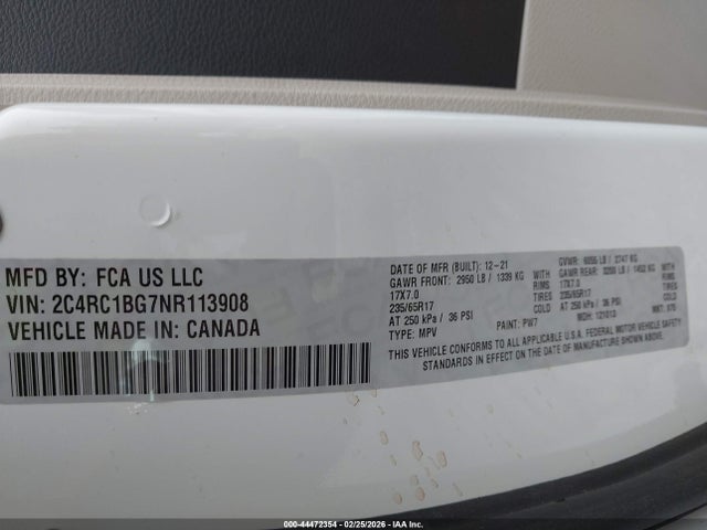 44472354 :رقم المزاد ، 2C4RC1BG7NR113908 vin ، 2022 Chrysler Pacifica Touring L مزاد بيع