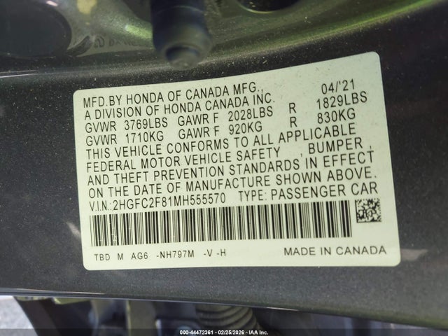 2021 HONDA CIVIC 2HGFC2F81MH555570 Photo 8