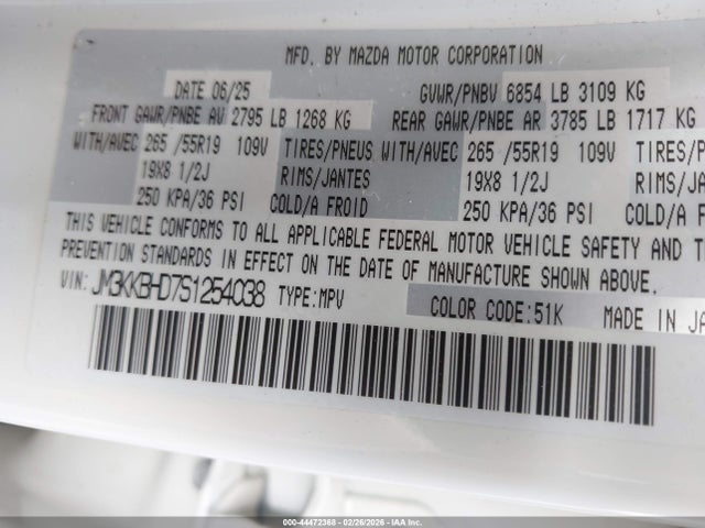 44472368 :رقم المزاد ، JM3KKBHD7S1254038 vin ، 2025 Mazda Cx-90 3.3 Turbo Preferred Package مزاد بيع
