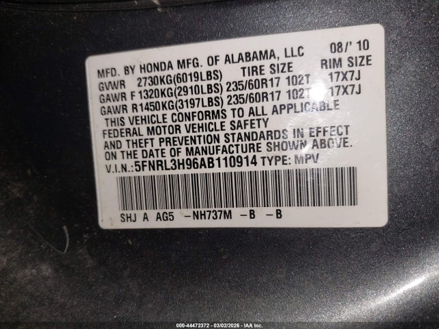 2010 HONDA ODYSSEY 5FNRL3H96AB110914 Photo 8