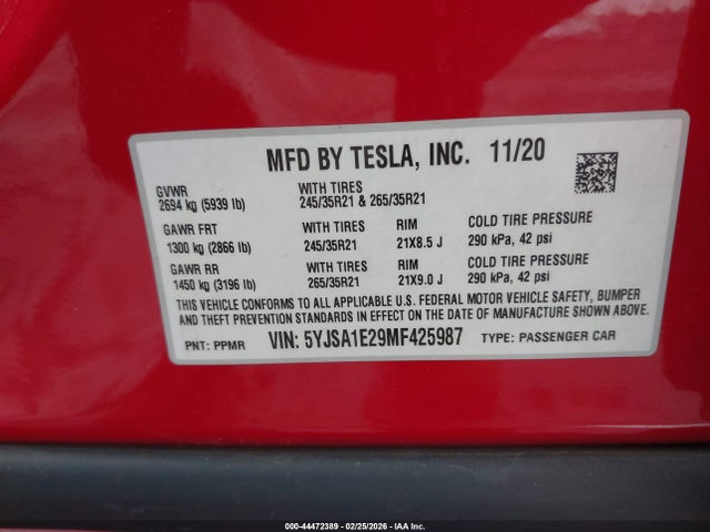Aukcja sprzedaży 2021 Tesla Model S Long Range Dual Motor All-wheel Drive/long Range Plus Dual Motor All-wheel Drive, vin: 5YJSA1E29MF425987, numer aukcji: 44472389