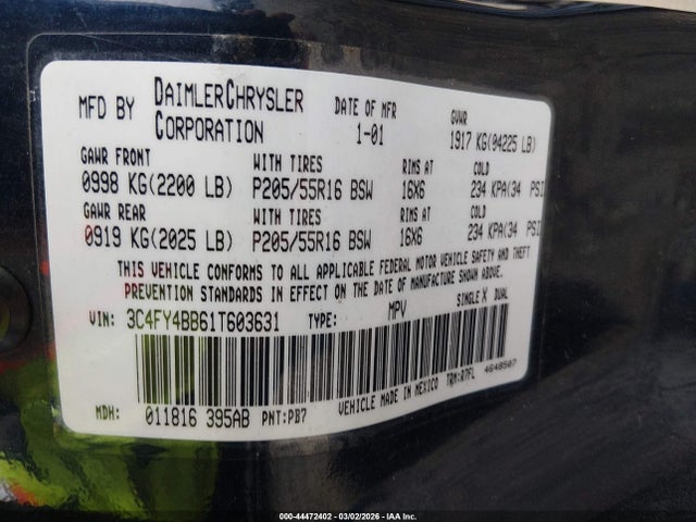 Продажа на аукционе авто 2001 Chrysler Pt Cruiser, vin: 3C4FY4BB61T603631, номер лота: 44472402