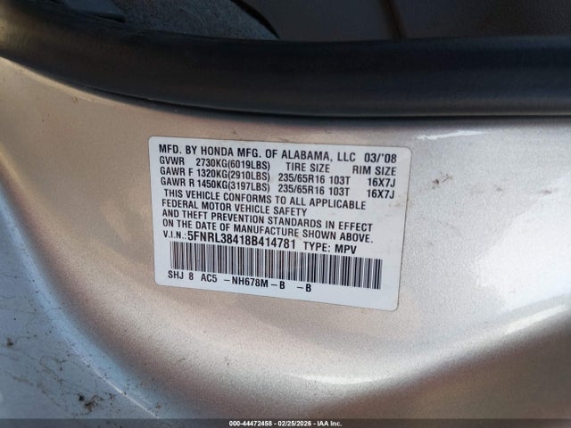 Aukcja sprzedaży 2008 Honda Odyssey Ex, vin: 5FNRL38418B414781, numer aukcji: 44472458