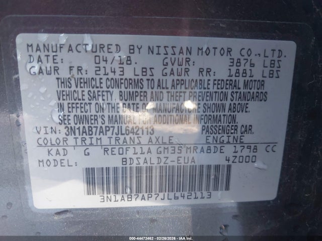 3N1AB7AP7JL642113 Nissan SENTRA SV