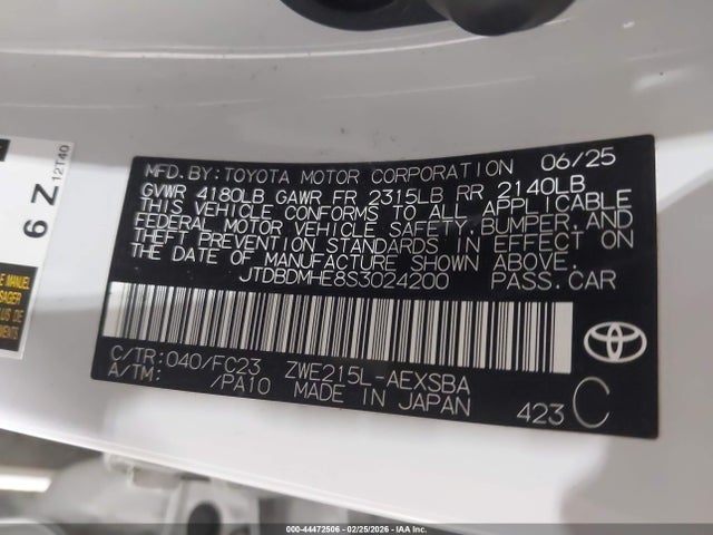 2025 Toyota Corolla Hybrid Se მანქანა იყიდება აუქციონზე, vin: JTDBDMHE8S3024200, აუქციონის ნომერი: 44472506