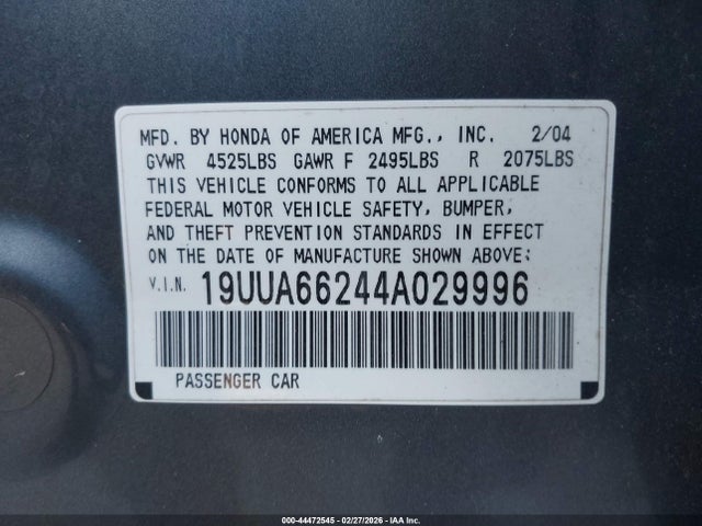 Aukcja sprzedaży 2004 Acura Tl, vin: 19UUA66244A029996, numer aukcji: 44472545