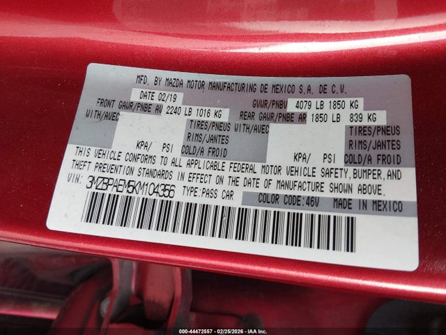 Продаж на аукціоні авто 2019 Mazda Mazda3 Premium Package, vin: 3MZBPAEM5KM104356, номер лоту: 44472557