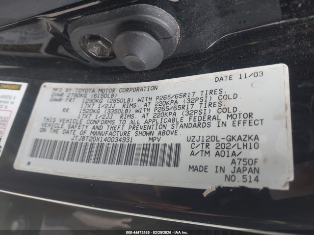 Aukcja sprzedaży 2004 Lexus Gx 470, vin: JTJBT20X140034931, numer aukcji: 44472565