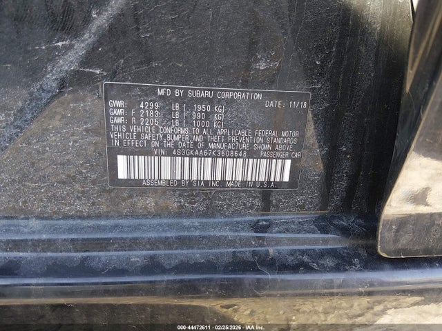 44472611 :رقم المزاد ، 4S3GKAA67K3608648 vin ، 2019 Subaru Impreza 2.0i مزاد بيع