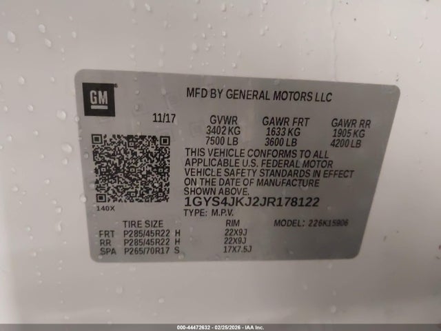 44472632 :رقم المزاد ، 1GYS4JKJ2JR178122 vin ، 2018 Cadillac Escalade Esv Premium Luxury مزاد بيع