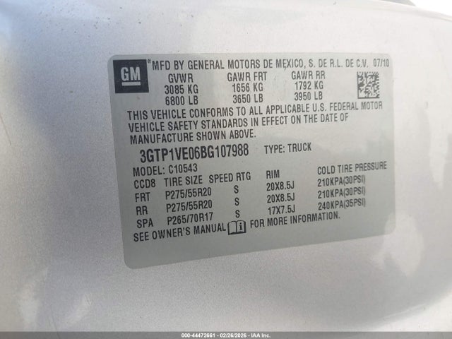 44472661 :رقم المزاد ، 3GTP1VE06BG107988 vin ، 2011 Gmc Sierra 1500 Sle مزاد بيع