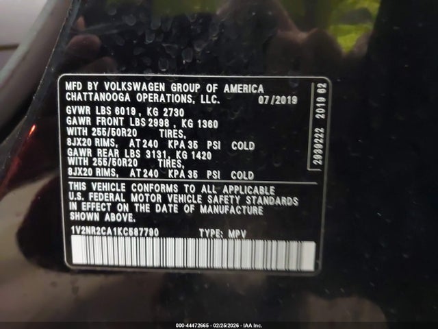 Aukcja sprzedaży 2019 Volkswagen Atlas 3.6l V6 Sel Premium, vin: 1V2NR2CA1KC587790, numer aukcji: 44472665