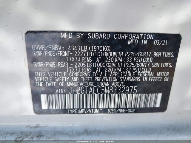 2021 Subaru Crosstrek Premium მანქანა იყიდება აუქციონზე, vin: JF2GTAEC5M8332975, აუქციონის ნომერი: 44472679