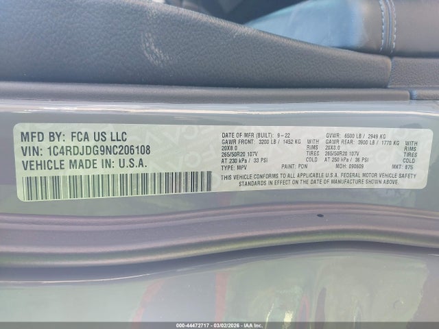 Продажа на аукционе авто 2022 Dodge Durango Gt Plus Awd, vin: 1C4RDJDG9NC206108, номер лота: 44472717