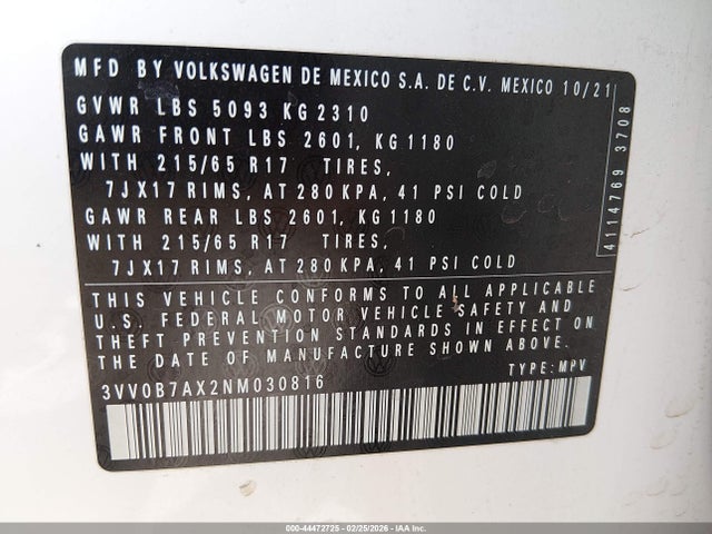 3VV0B7AX2NM030816 Volkswagen Tiguan 2.0t S