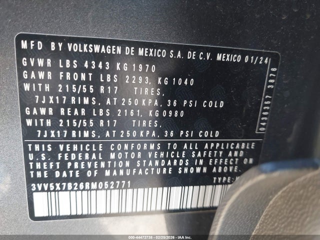 44472738 :رقم المزاد ، 3VV5X7B26RM052771 vin ، 2024 Volkswagen Taos 1.5t S مزاد بيع