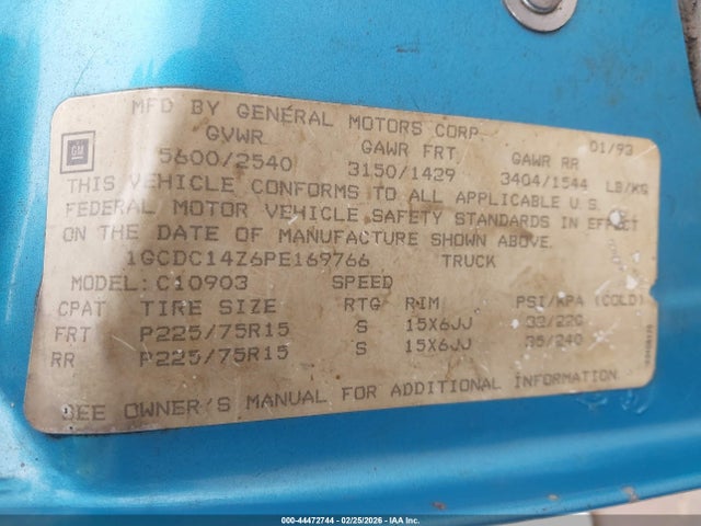1993 CHEVROLET GMT-400 1GCDC14Z6PE169766 Photo 8