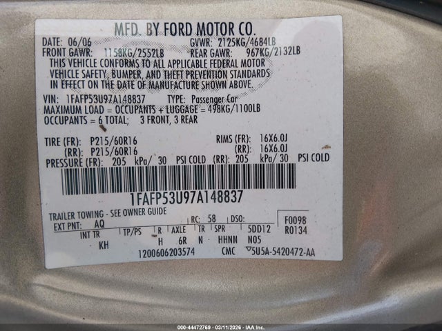 2007 FORD TAURUS 1FAFP53U97A148837 Photo 8
