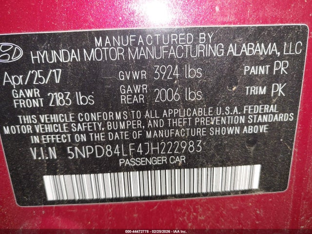 5NPD84LF4JH222983 Hyundai ELANTRA SEL