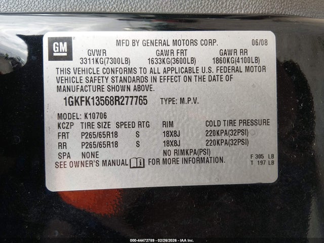 Aukcja sprzedaży 2008 Gmc Yukon Hybrid, vin: 1GKFK13568R277765, numer aukcji: 44472789