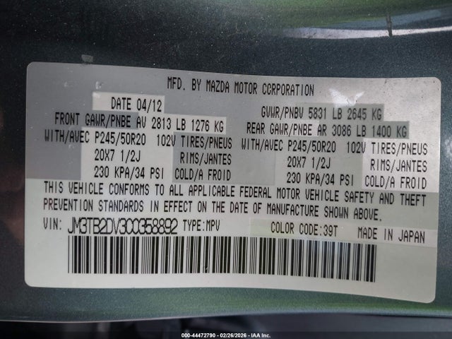 Aukcja sprzedaży 2012 Mazda Cx-9 Grand Touring, vin: JM3TB2DV3C0358892, numer aukcji: 44472790