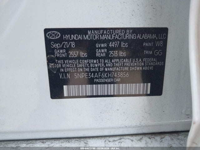 2019 Hyundai Sonata Sel მანქანა იყიდება აუქციონზე, vin: 5NPE34AF6KH743856, აუქციონის ნომერი: 44472798