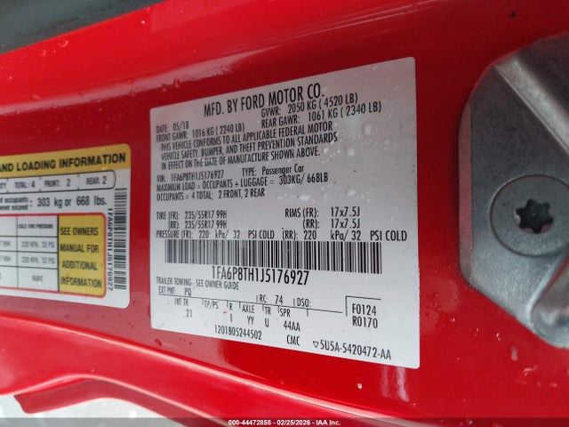 Aukcja sprzedaży 2018 Ford Mustang Ecoboost, vin: 1FA6P8TH1J5176927, numer aukcji: 44472858
