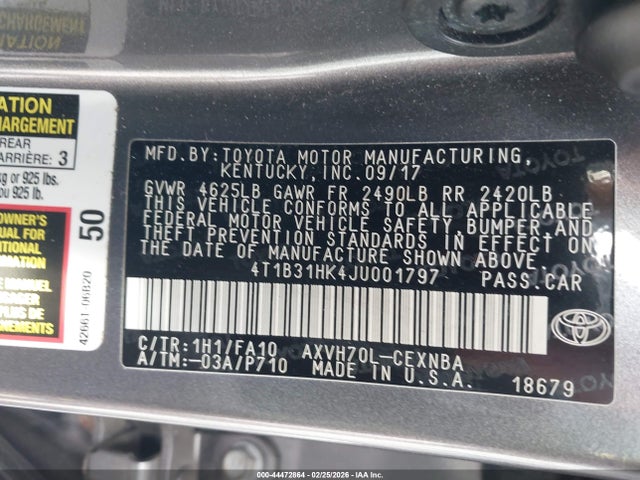 4T1B31HK4JU001797 Toyota Camry Hybrid Le