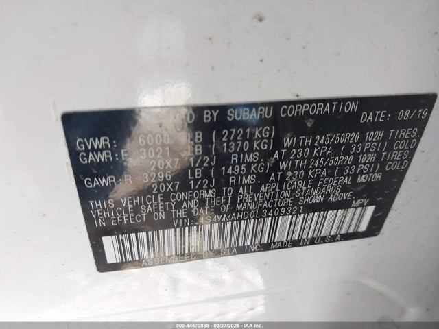 2020 Subaru Ascent Premium მანქანა იყიდება აუქციონზე, vin: 4S4WMAHD0L3409321, აუქციონის ნომერი: 44472886