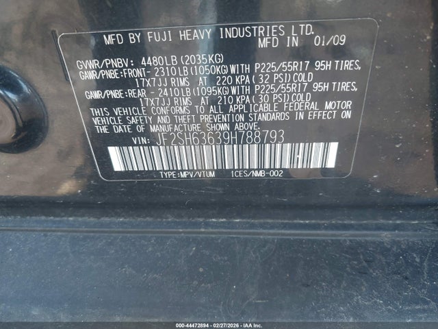 2009 Subaru Forester 2.5x მანქანა იყიდება აუქციონზე, vin: JF2SH63639H788793, აუქციონის ნომერი: 44472894