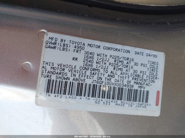 44472897 :رقم المزاد ، JT6GF10UXX0034938 vin ، 1999 Lexus Rx 300 مزاد بيع