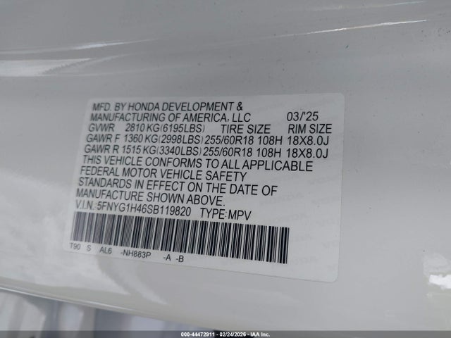 5FNYG1H46SB119820 Honda Pilot Ex-l