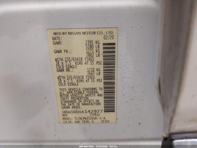 Aukcja sprzedaży 2020 Nissan Murano S Intelligent Awd, vin: 5N1AZ2ASXLN142977, numer aukcji: 44472934