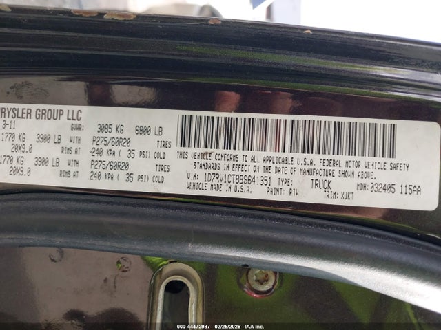 44472987 :رقم المزاد ، 1D7RV1CT8BS641351 vin ، 2011 Ram Ram 1500 Laramie Longhorn مزاد بيع