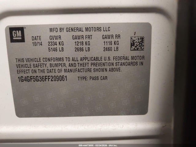 44473005 :رقم المزاد ، 1G4GF5G36FF209061 vin ، 2015 Buick Lacrosse Premium Ii مزاد بيع