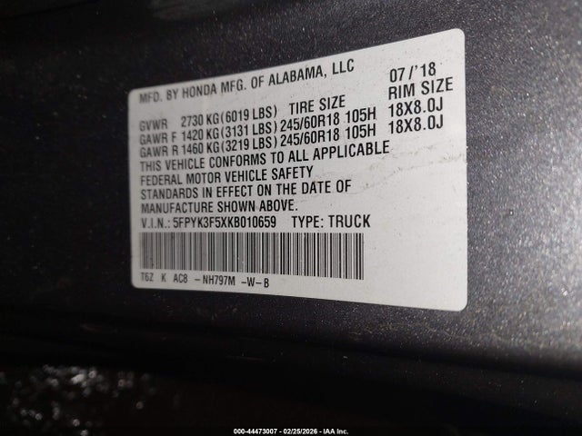 44473007 :رقم المزاد ، 5FPYK3F5XKB010659 vin ، 2019 Honda Ridgeline Rtl مزاد بيع