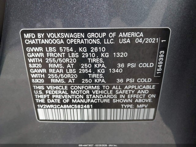 Продаж на аукціоні авто 2021 Volkswagen Atlas 3.6l V6 Se W/technology, vin: 1V2WR2CA8MC582481, номер лоту: 44473027