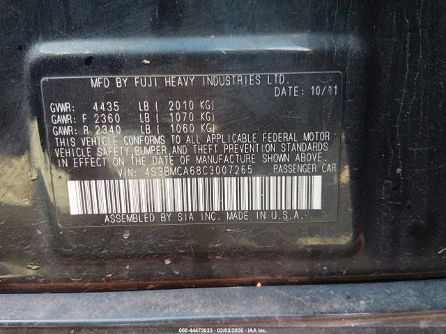 2012 Subaru Legacy 2.5i მანქანა იყიდება აუქციონზე, vin: 4S3BMCA68C3007265, აუქციონის ნომერი: 44473033