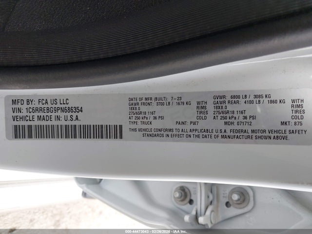 Продажа на аукционе авто 2023 Ram 1500, vin: 1C6RREBG9PN686354, номер лота: 44473043