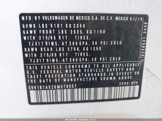 3VV1B7AX2KM078557 Volkswagen Tiguan 2.0t S
