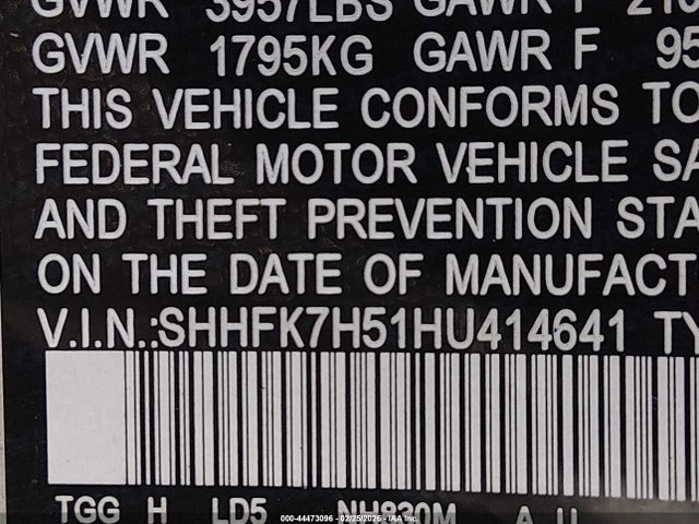 SHHFK7H51HU414641 Honda CIVIC EX