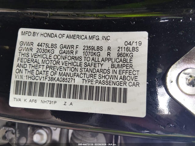 Aukcja sprzedaży 2019 Honda Accord Sport, vin: 1HGCV1F38KA085271, numer aukcji: 44473119